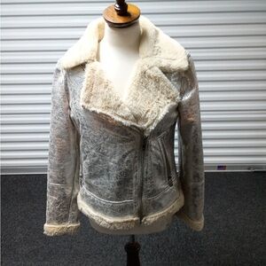 Tommy Hilfiger Women’s Metallic Faux Shearling Moto Jacket in Cream